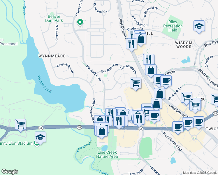 map of restaurants, bars, coffee shops, grocery stores, and more near 103 Saint Albans Way in Peachtree City