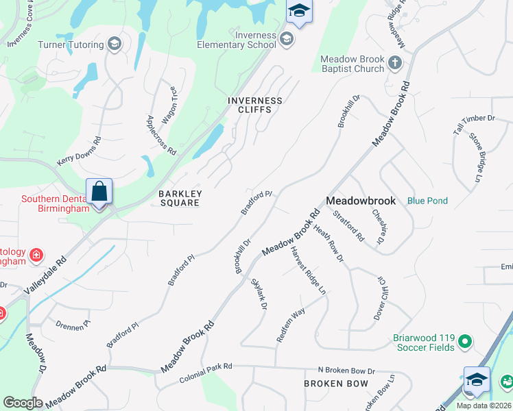 map of restaurants, bars, coffee shops, grocery stores, and more near 3197 Bradford Place in Birmingham