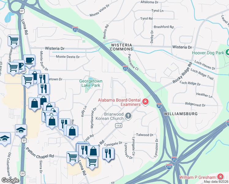 map of restaurants, bars, coffee shops, grocery stores, and more near 3241 Warringwood Drive in Birmingham