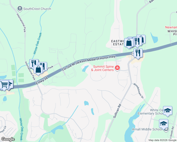 map of restaurants, bars, coffee shops, grocery stores, and more near 236 Wexford Drive in Newnan