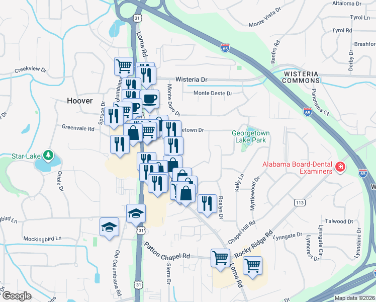 map of restaurants, bars, coffee shops, grocery stores, and more near 3101 Lorna Road in Birmingham