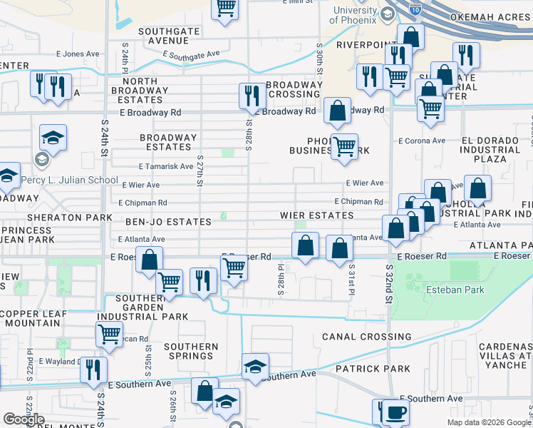 map of restaurants, bars, coffee shops, grocery stores, and more near 2822 East Mobile Lane in Phoenix