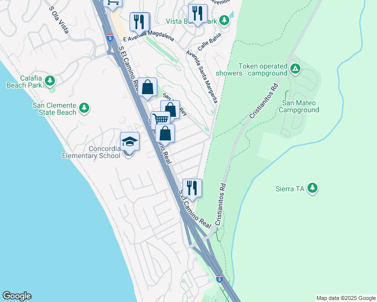 map of restaurants, bars, coffee shops, grocery stores, and more near 120 Avenida Dolores in San Clemente
