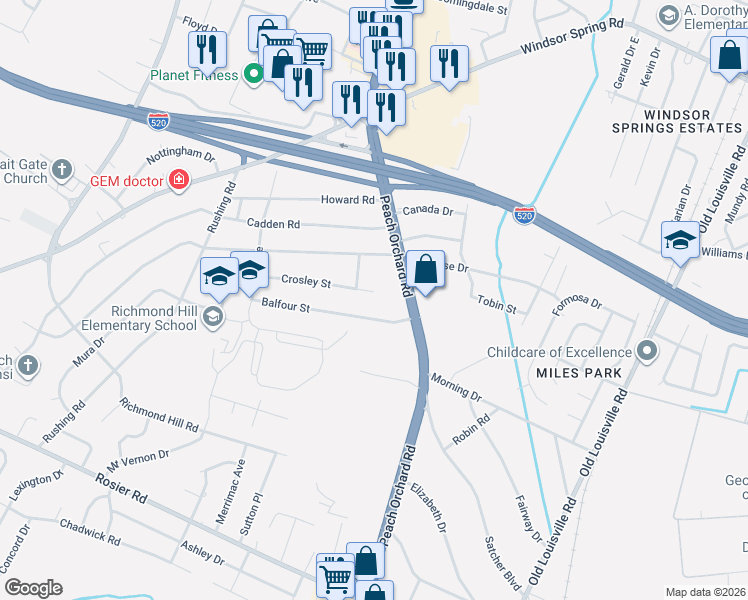 map of restaurants, bars, coffee shops, grocery stores, and more near 2120 Crosley Street in Augusta