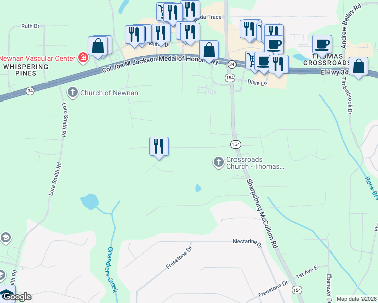 map of restaurants, bars, coffee shops, grocery stores, and more near 100 Crossroads Estate Drive in Newnan