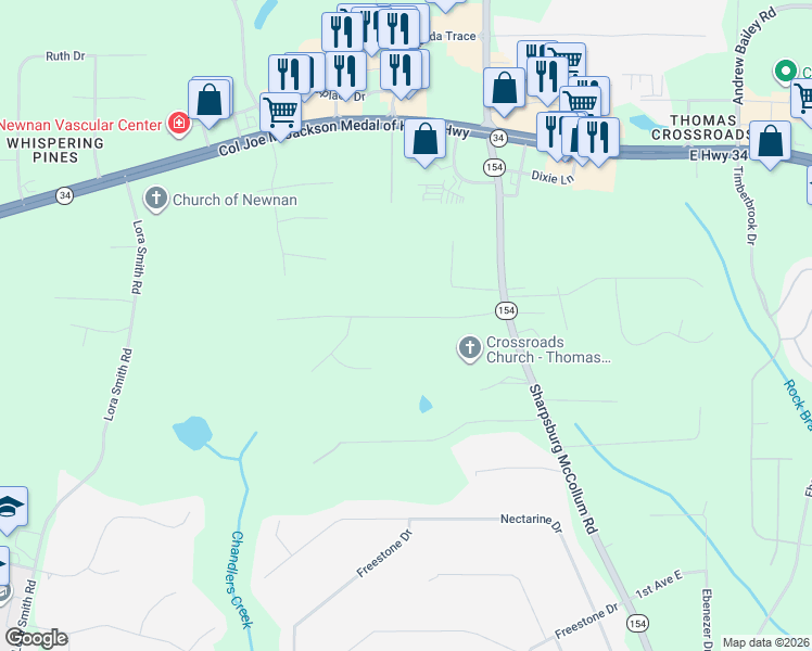 map of restaurants, bars, coffee shops, grocery stores, and more near 100 Crossroads Estate Drive in Newnan