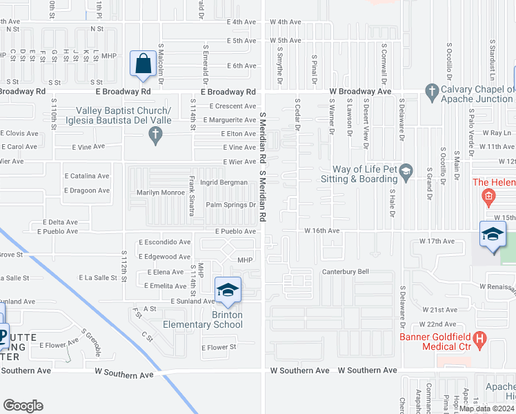 map of restaurants, bars, coffee shops, grocery stores, and more near 702 South Meridian Road in Apache Junction