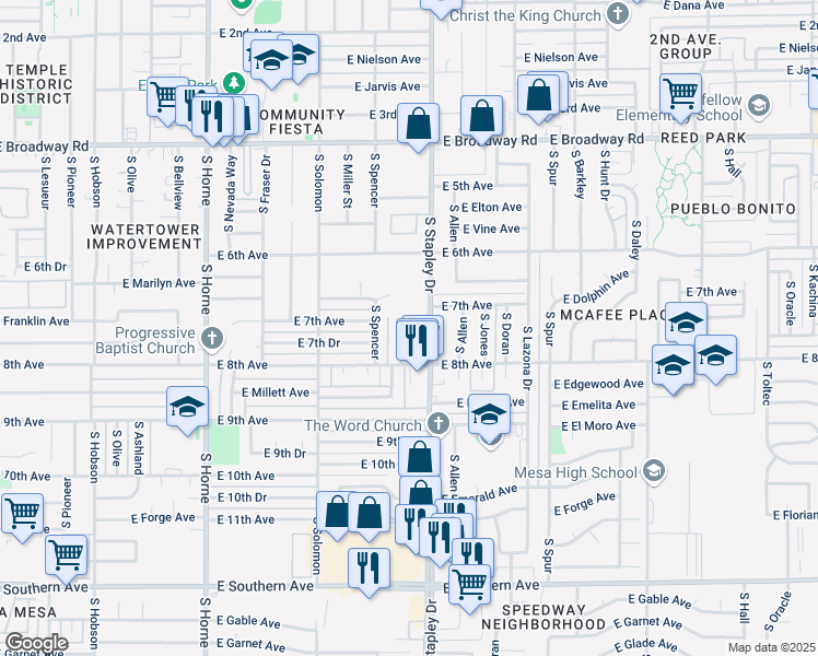 map of restaurants, bars, coffee shops, grocery stores, and more near 718 South Stapley Drive in Mesa