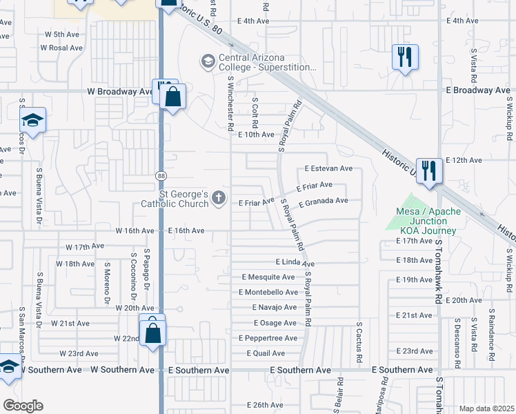 map of restaurants, bars, coffee shops, grocery stores, and more near 555 East Friar Avenue in Apache Junction