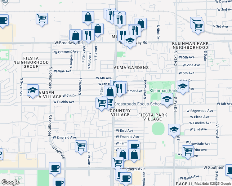 map of restaurants, bars, coffee shops, grocery stores, and more near 1155 West Drummer Avenue in Mesa