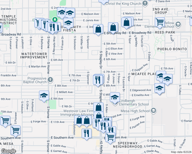 map of restaurants, bars, coffee shops, grocery stores, and more near 718 South Stapley Drive in Mesa