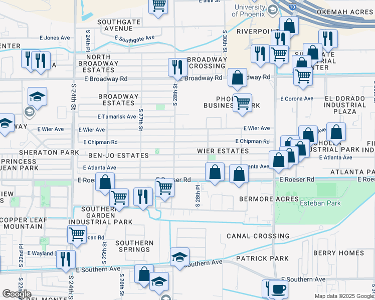 map of restaurants, bars, coffee shops, grocery stores, and more near 2822 East Mobile Lane in Phoenix