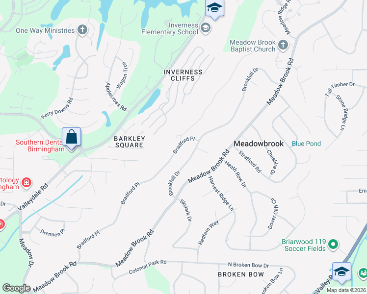 map of restaurants, bars, coffee shops, grocery stores, and more near 3193 Bradford Place in Birmingham
