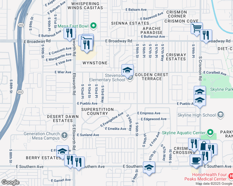 map of restaurants, bars, coffee shops, grocery stores, and more near 9431 East Coralbell Avenue in Mesa