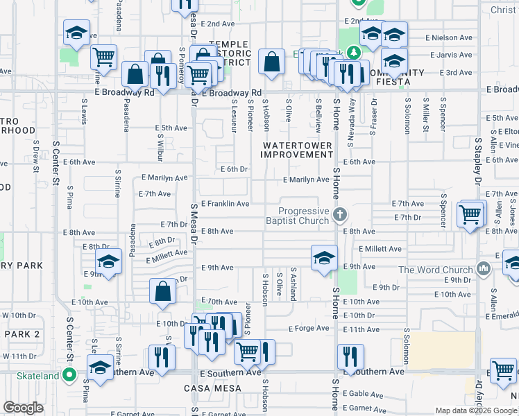 map of restaurants, bars, coffee shops, grocery stores, and more near 555 East Franklin Avenue in Mesa