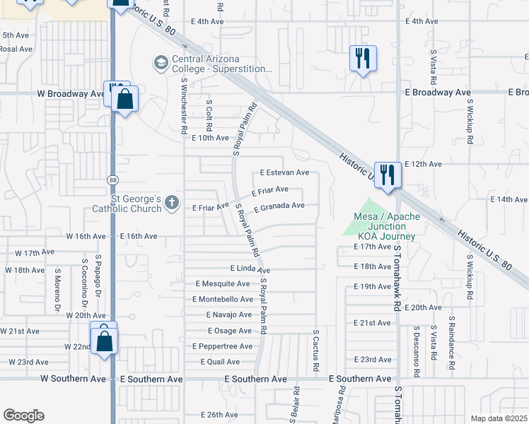 map of restaurants, bars, coffee shops, grocery stores, and more near 831 East Granada Avenue in Apache Junction