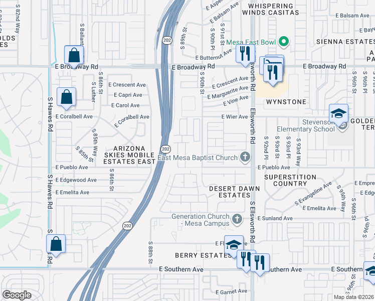 map of restaurants, bars, coffee shops, grocery stores, and more near 8931 East Coralbell Avenue in Mesa