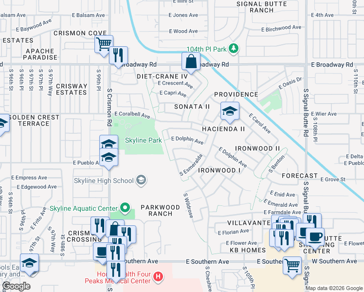 map of restaurants, bars, coffee shops, grocery stores, and more near 10264 East Diamond Avenue in Mesa