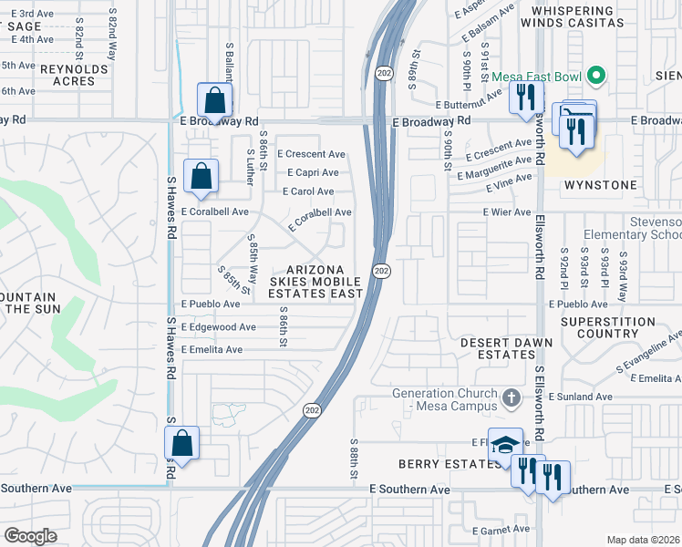 map of restaurants, bars, coffee shops, grocery stores, and more near 8737 East Dolega Avenue in Mesa