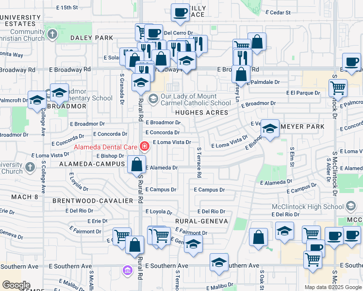 map of restaurants, bars, coffee shops, grocery stores, and more near 1051 East Loma Vista Drive in Tempe