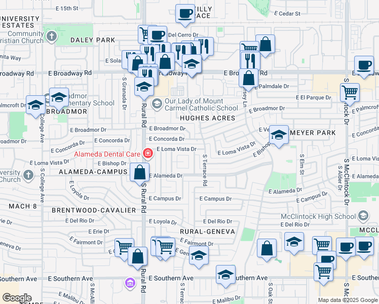 map of restaurants, bars, coffee shops, grocery stores, and more near 1051 East Loma Vista Drive in Tempe