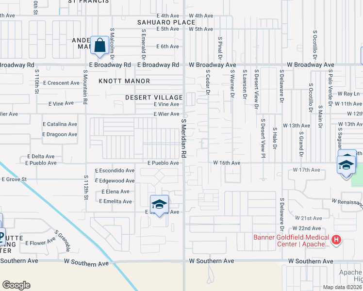map of restaurants, bars, coffee shops, grocery stores, and more near 702 South Meridian Road in Apache Junction