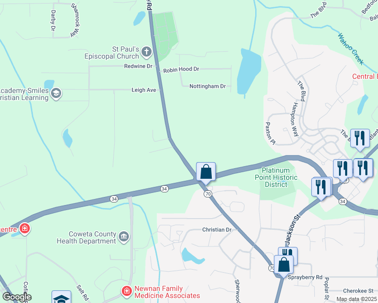 map of restaurants, bars, coffee shops, grocery stores, and more near 317 Roscoe Road in Newnan