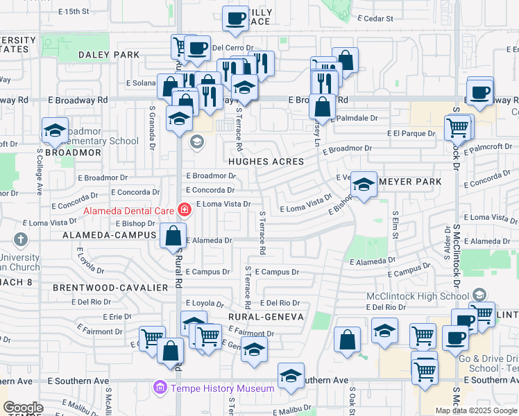 map of restaurants, bars, coffee shops, grocery stores, and more near 1123 East Loma Vista Drive in Tempe