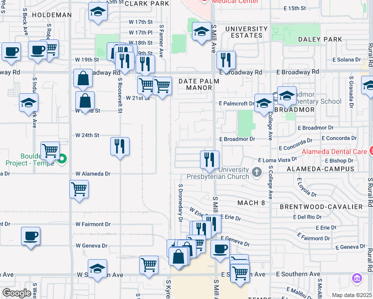 map of restaurants, bars, coffee shops, grocery stores, and more near 104 West Concorda Drive in Tempe
