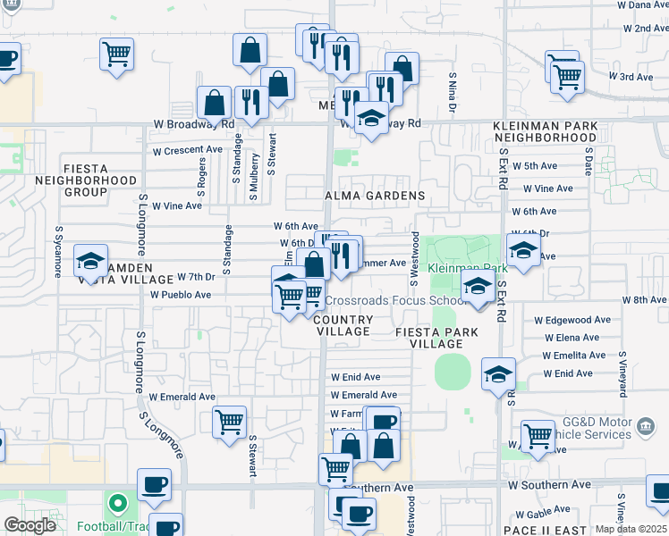map of restaurants, bars, coffee shops, grocery stores, and more near 1155 West Drummer Avenue in Mesa