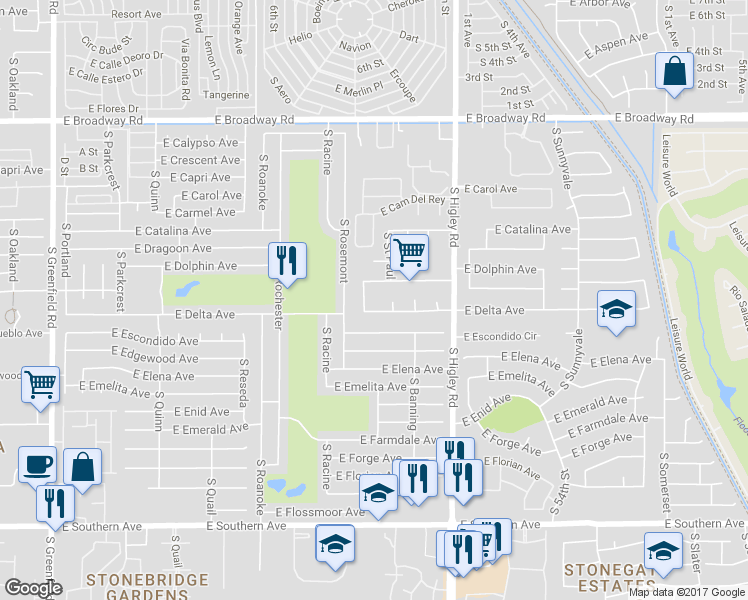 map of restaurants, bars, coffee shops, grocery stores, and more near 5032 East Delta Avenue in Mesa