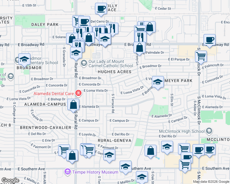 map of restaurants, bars, coffee shops, grocery stores, and more near 2505 S Terrace Rd in Tempe