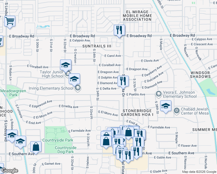 map of restaurants, bars, coffee shops, grocery stores, and more near 3456 East Delta Avenue in Mesa