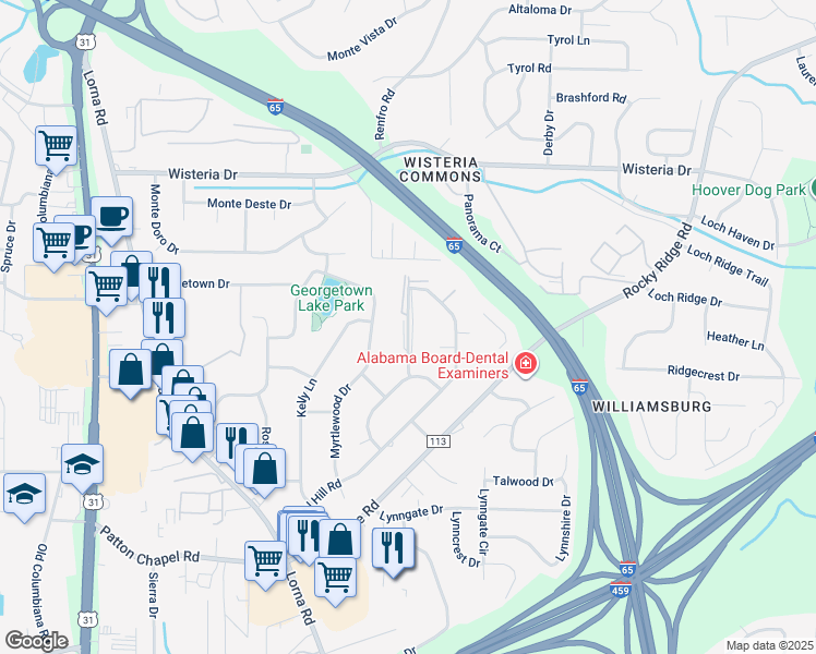 map of restaurants, bars, coffee shops, grocery stores, and more near 3272 Warringwood Drive in Birmingham