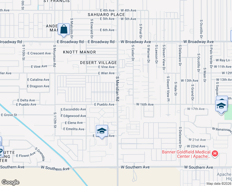 map of restaurants, bars, coffee shops, grocery stores, and more near 702 South Meridian Road in Apache Junction