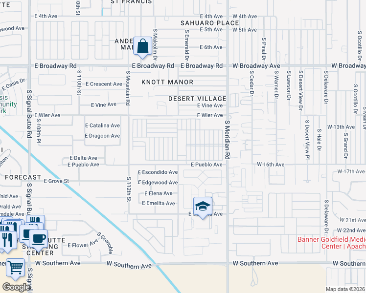 map of restaurants, bars, coffee shops, grocery stores, and more near 702 South Meridian Road in Mesa