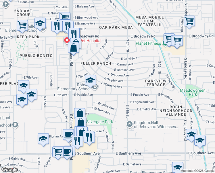 map of restaurants, bars, coffee shops, grocery stores, and more near 738 South Rose in Mesa