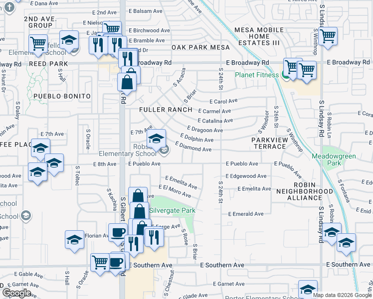 map of restaurants, bars, coffee shops, grocery stores, and more near 738 South Rose in Mesa