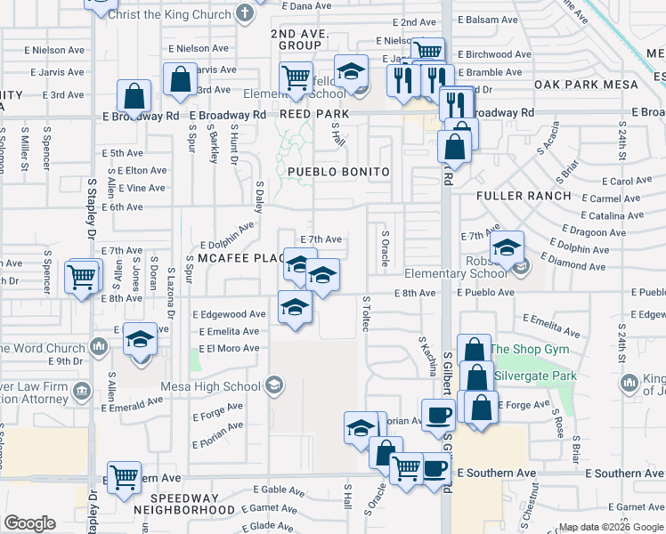 map of restaurants, bars, coffee shops, grocery stores, and more near 1735 East Diamond Avenue in Mesa