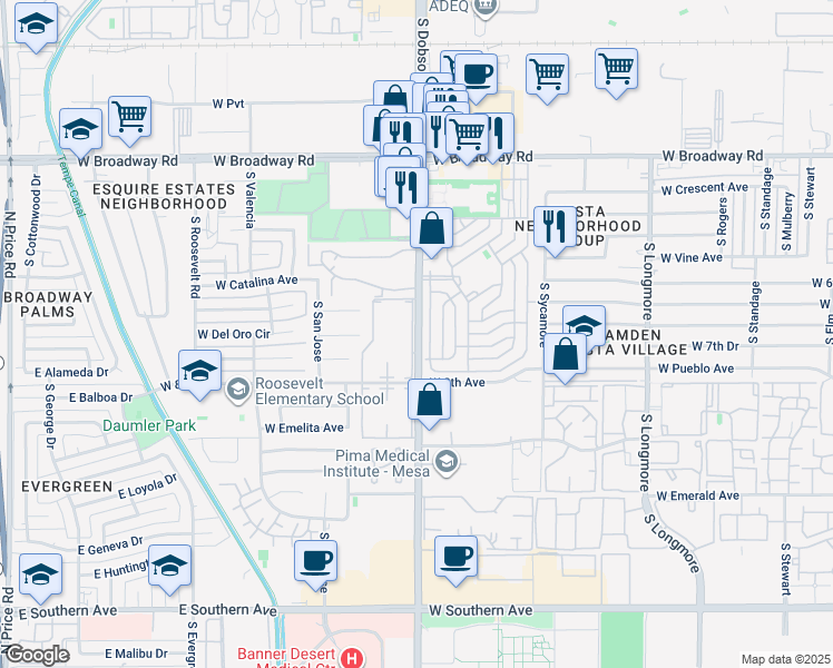 map of restaurants, bars, coffee shops, grocery stores, and more near 720 South Dobson Road in Mesa