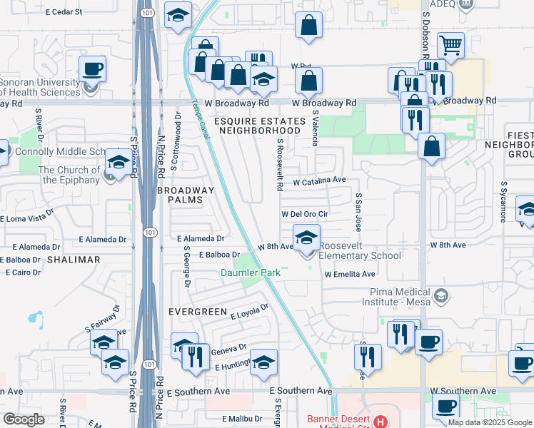 map of restaurants, bars, coffee shops, grocery stores, and more near 2358 West Del Oro Circle in Mesa
