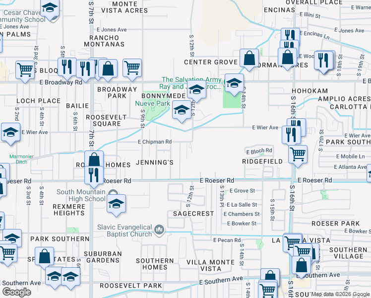 map of restaurants, bars, coffee shops, grocery stores, and more near 1141 East Chipman Road in Phoenix