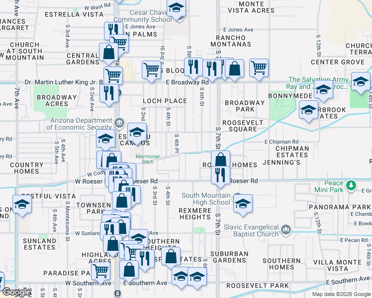 map of restaurants, bars, coffee shops, grocery stores, and more near 434 East Cody Drive in Phoenix