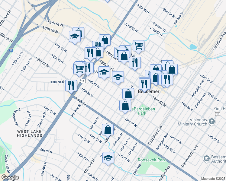 map of restaurants, bars, coffee shops, grocery stores, and more near 1616 6th Avenue North in Bessemer