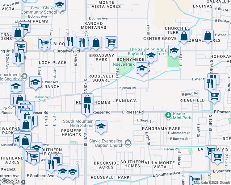 map of restaurants, bars, coffee shops, grocery stores, and more near 4838 South 9th Street in Phoenix