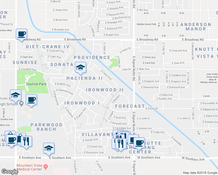map of restaurants, bars, coffee shops, grocery stores, and more near 10643 East Carmel Avenue in Mesa