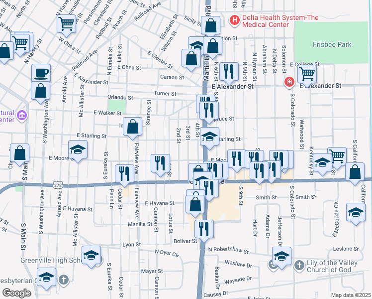map of restaurants, bars, coffee shops, grocery stores, and more near 423 3rd Street in Greenville