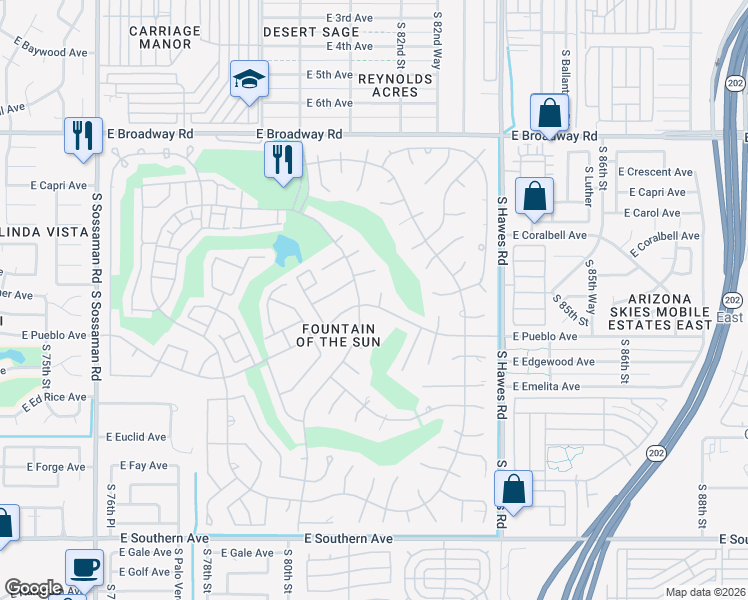 map of restaurants, bars, coffee shops, grocery stores, and more near 722 South 81st Place in Mesa