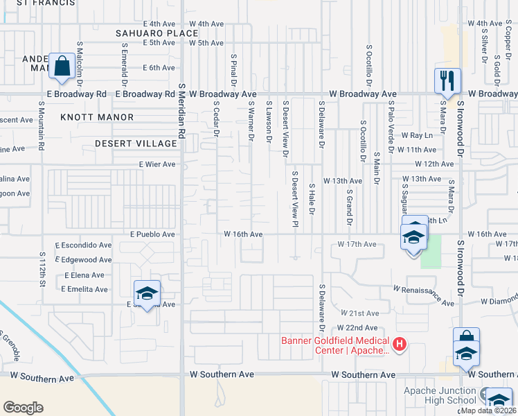 map of restaurants, bars, coffee shops, grocery stores, and more near 1421 South Warner Drive in Apache Junction