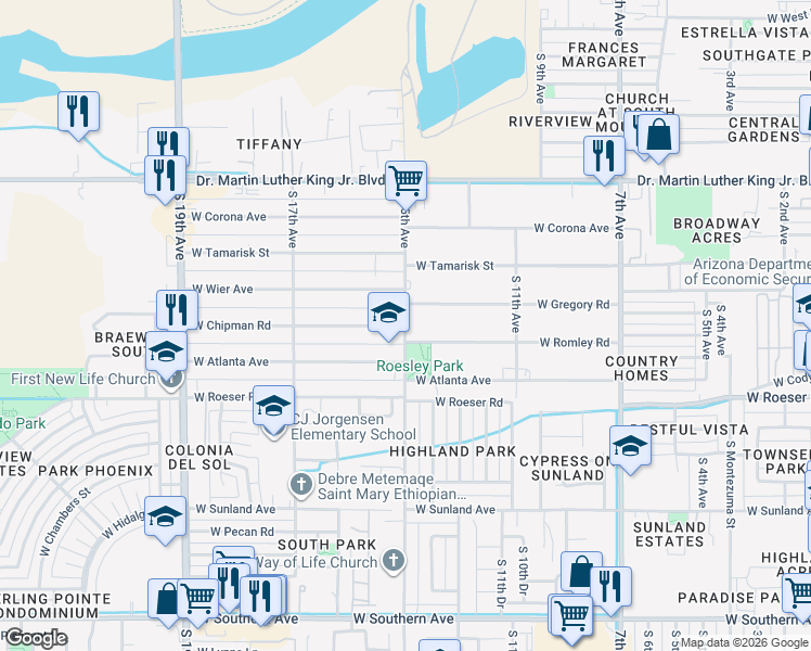 map of restaurants, bars, coffee shops, grocery stores, and more near South 15th Avenue in Phoenix